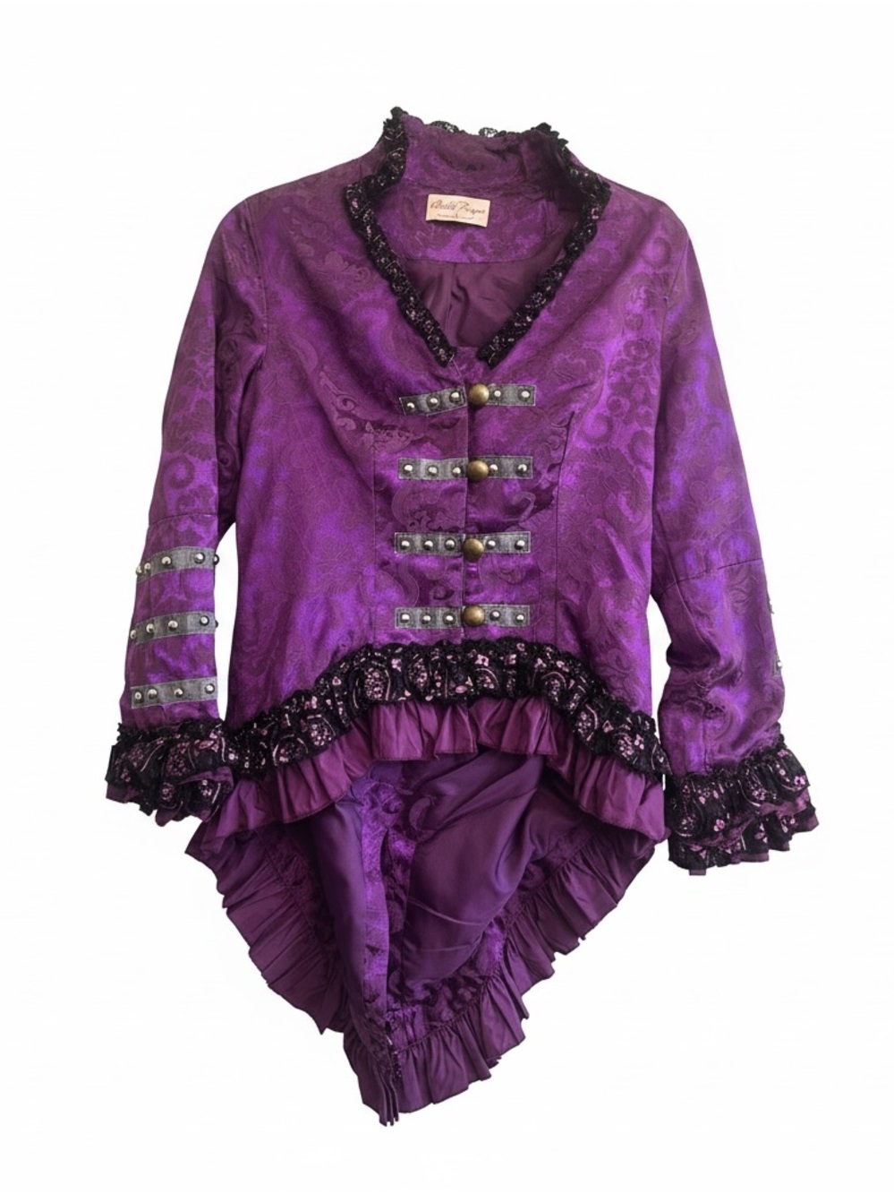 Purple Victorian-Inspired Ruffled Jacket Belle Poque corset lacing back.